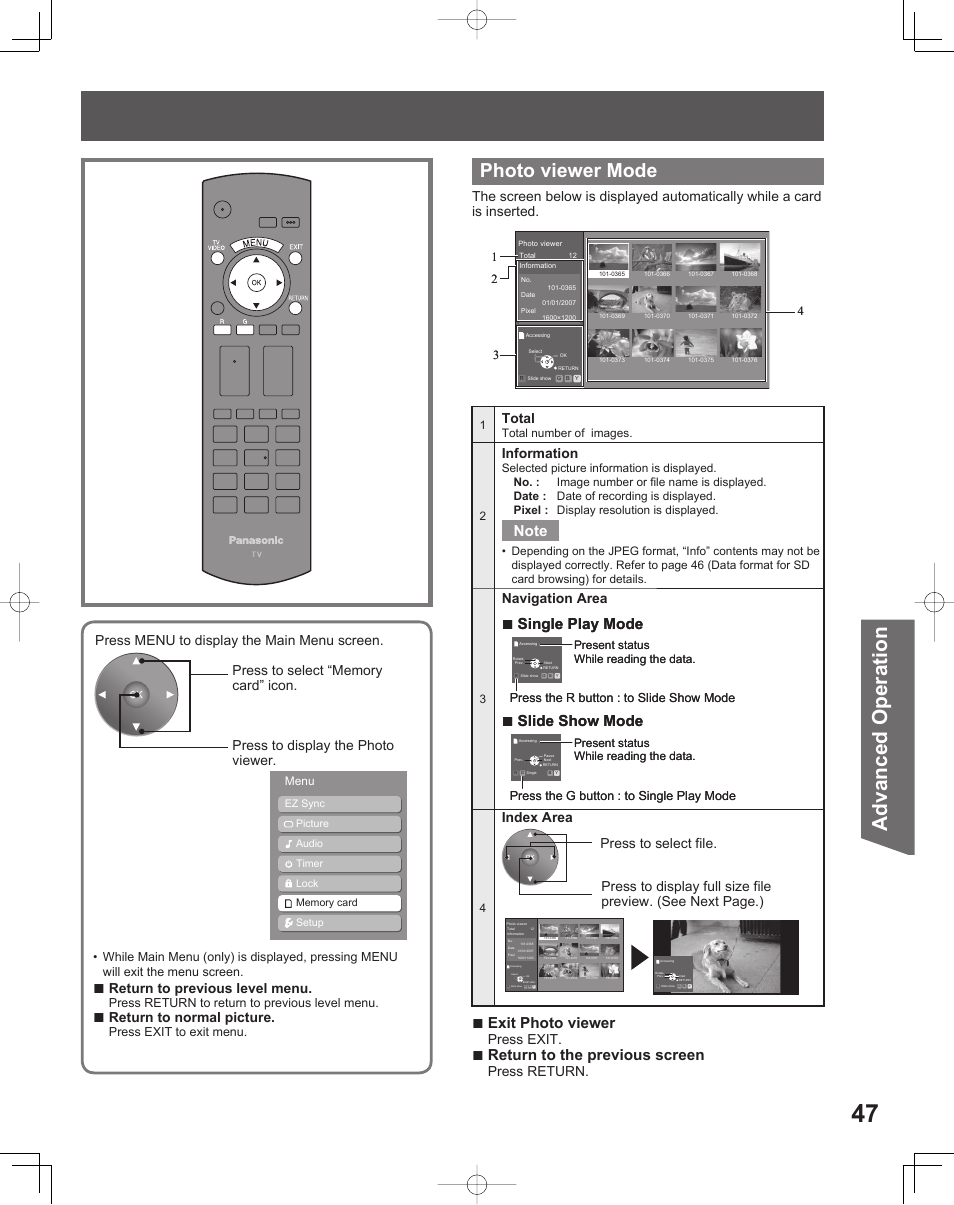 Advanced op er a tion, Photo viewer mode, Exit photo viewer | Return to the previous screen, Slide show mode, Single play mode, Press exit, Press return, Total, Information | Panasonic LIFI PT-61LCX70 User Manual | Page 47 / 64