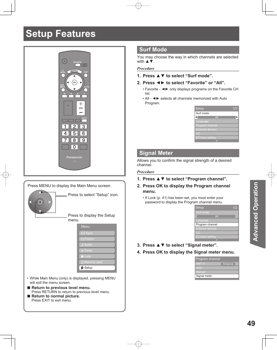 Setup features, Advanced op er a tion, Surf mode | Signal meter | Panasonic LIFI PT-61LCX70 User Manual | Page 49 / 64