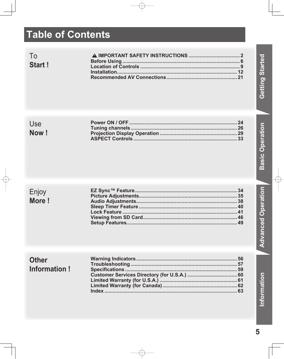 Panasonic LIFI PT-61LCX70 User Manual | Page 5 / 64