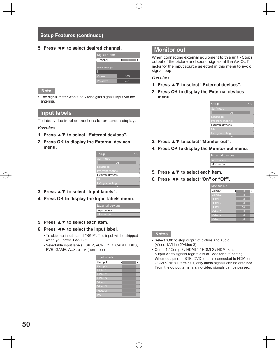 Input labels, Monitor out, Setup features (continued) | Panasonic LIFI PT-61LCX70 User Manual | Page 50 / 64