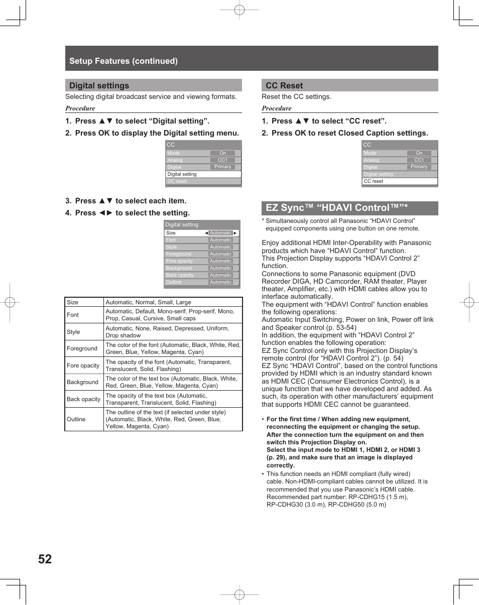 Ez sync™ “hdavi control, Digital settings, Setup features (continued) cc reset | Panasonic LIFI PT-61LCX70 User Manual | Page 52 / 64