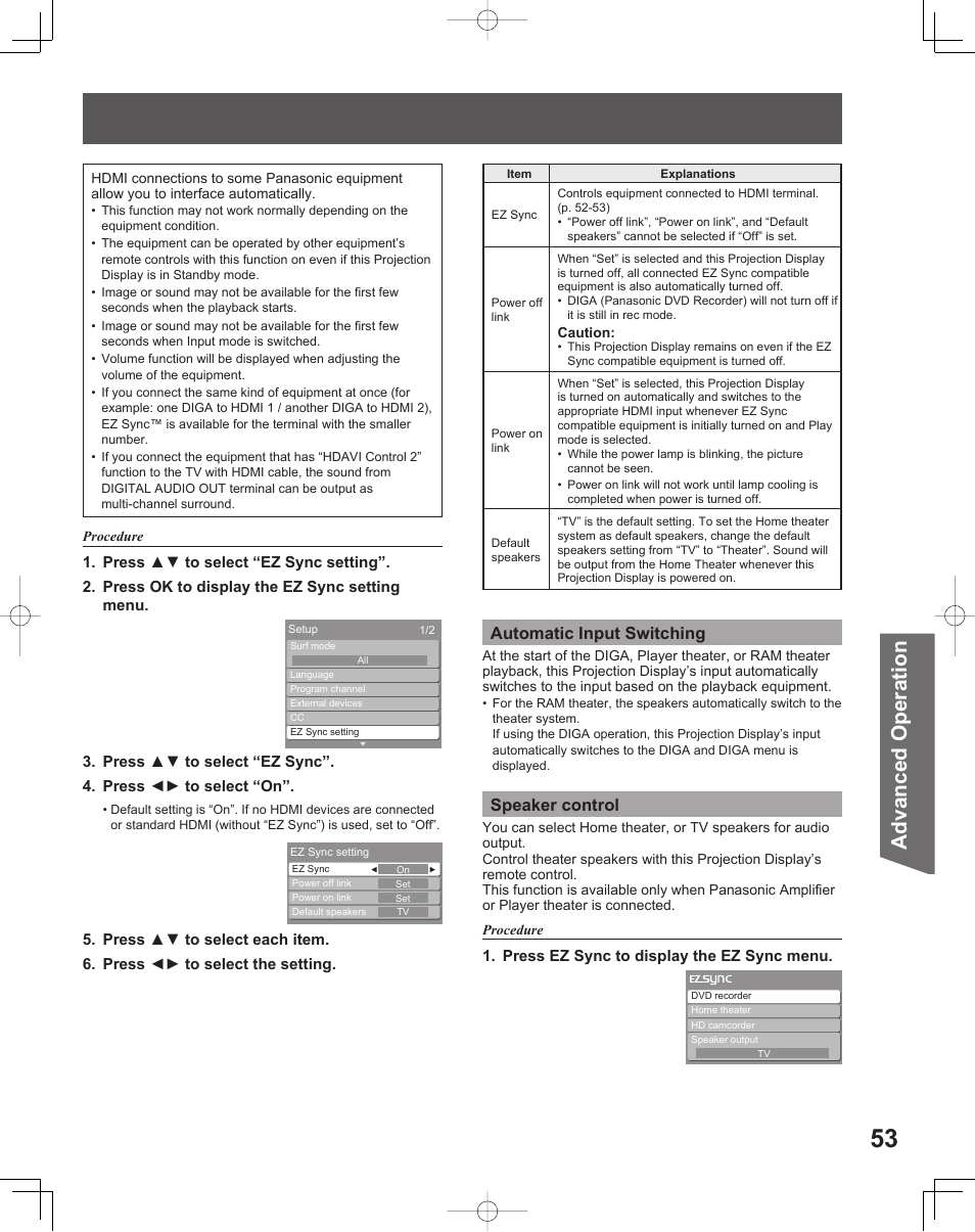 Advanced op er a tion, Automatic input switching, Speaker control | Panasonic LIFI PT-61LCX70 User Manual | Page 53 / 64