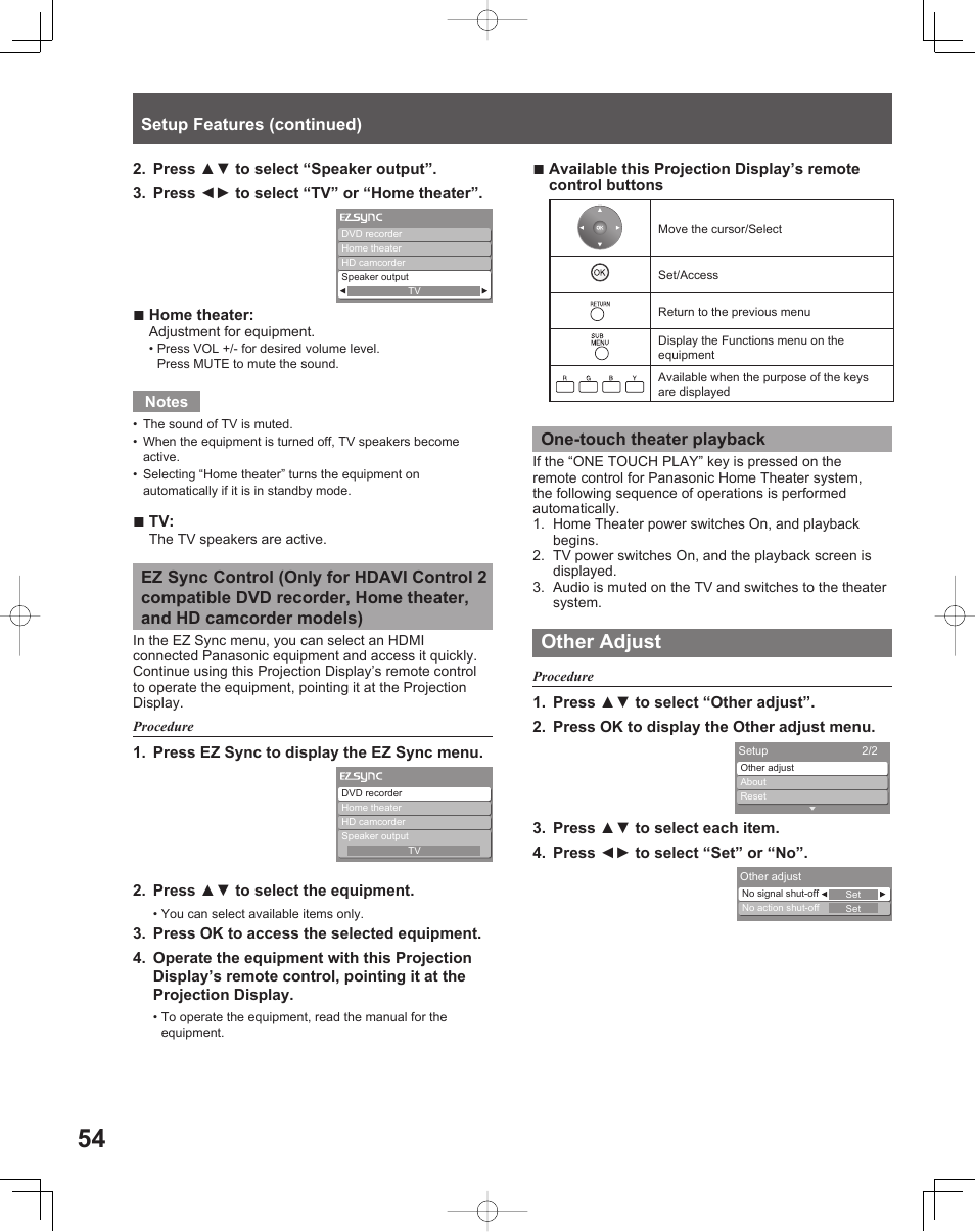 Other adjust, Setup features (continued), One-touch theater playback | Panasonic LIFI PT-61LCX70 User Manual | Page 54 / 64