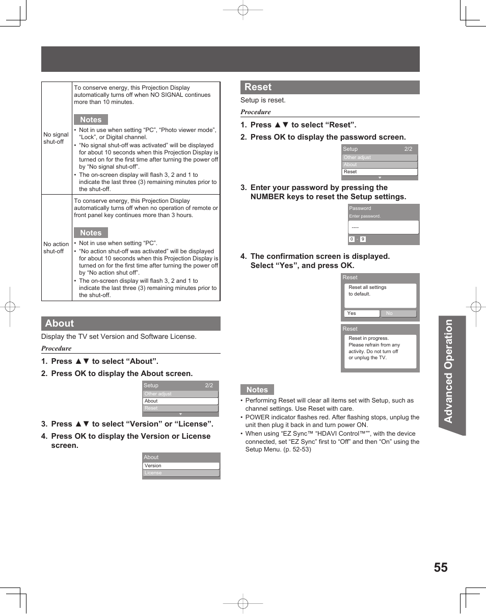 Advanced op er a tion, About, Reset | Panasonic LIFI PT-61LCX70 User Manual | Page 55 / 64