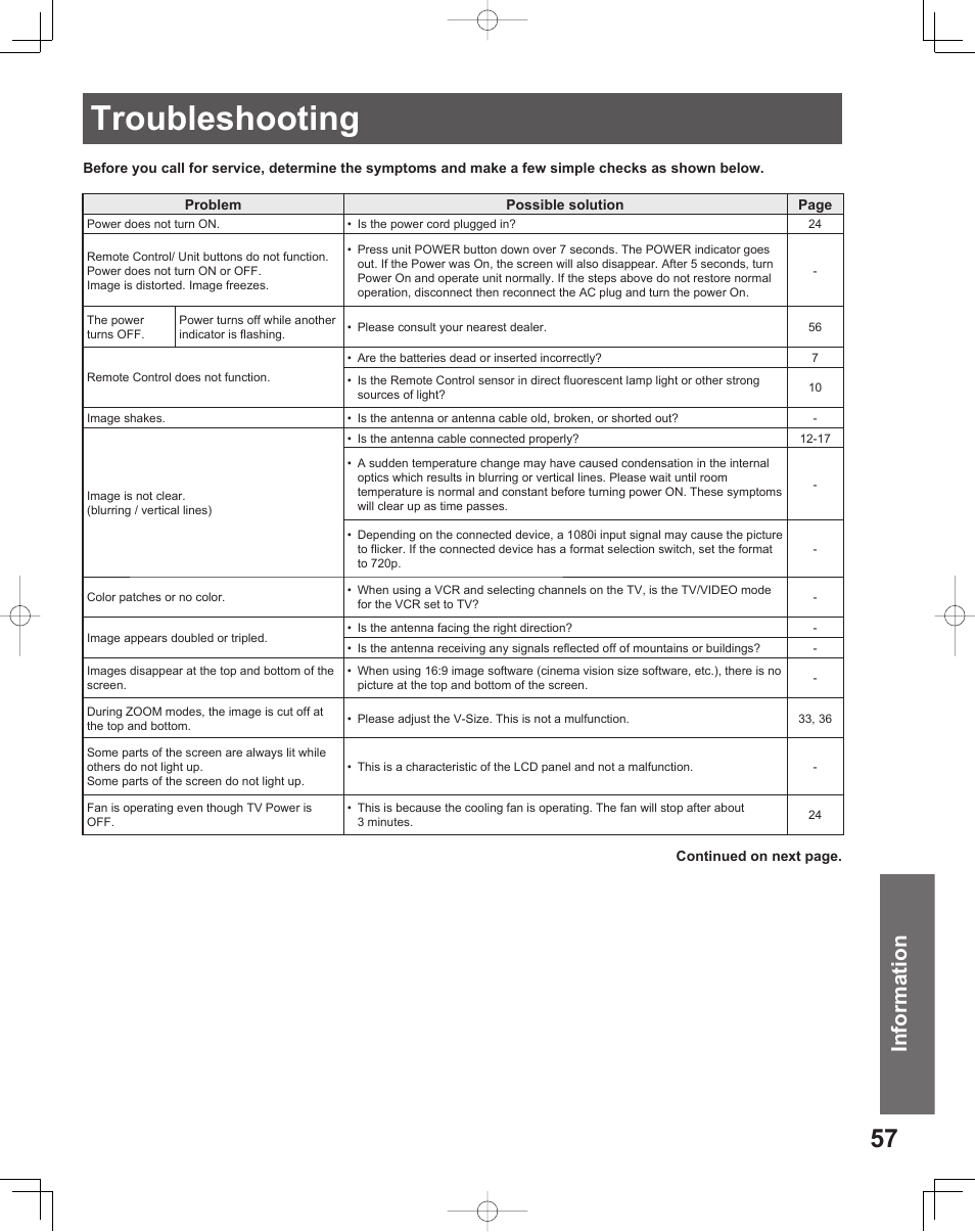 Troubleshooting, Information | Panasonic LIFI PT-61LCX70 User Manual | Page 57 / 64