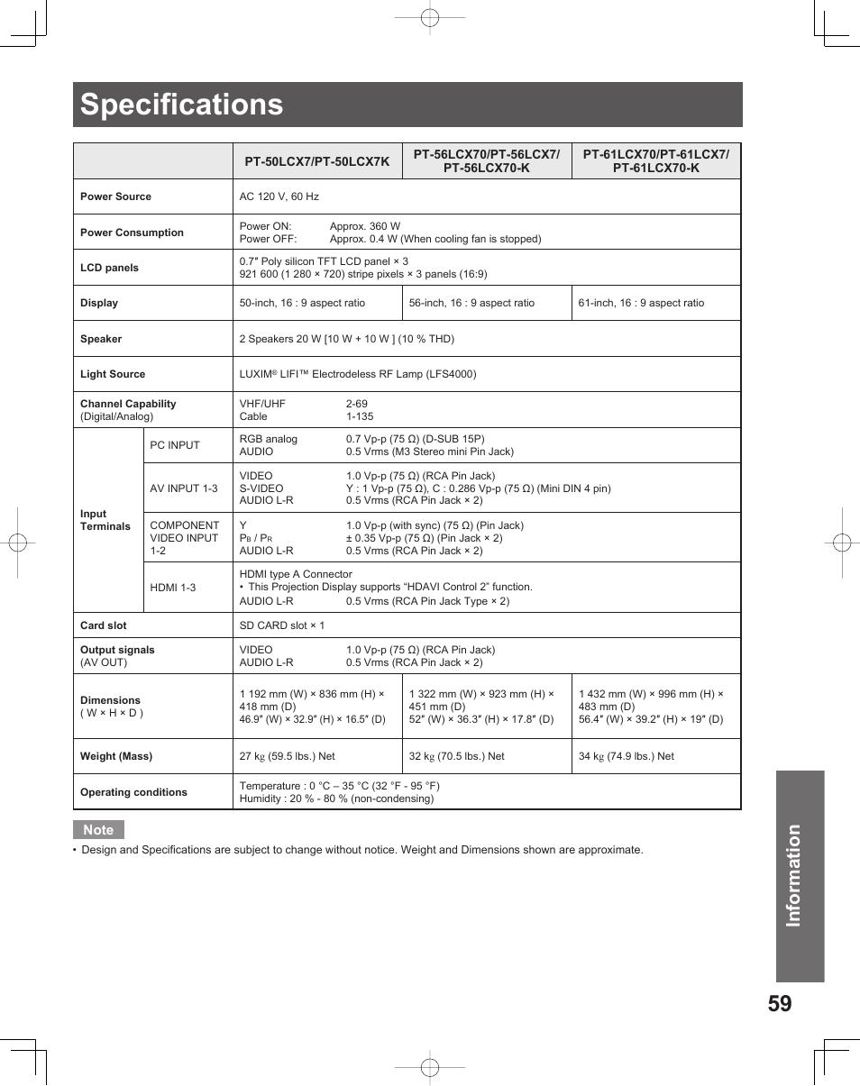 Specifications, Information | Panasonic LIFI PT-61LCX70 User Manual | Page 59 / 64