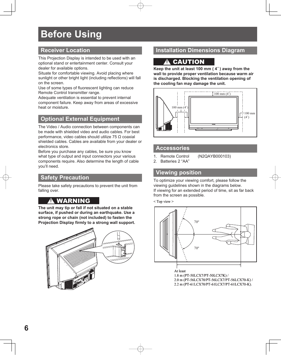 Before using, Warning, Caution | Receiver location, Optional external equipment, Safety precaution, Installation dimensions diagram, Accessories, Viewing position | Panasonic LIFI PT-61LCX70 User Manual | Page 6 / 64