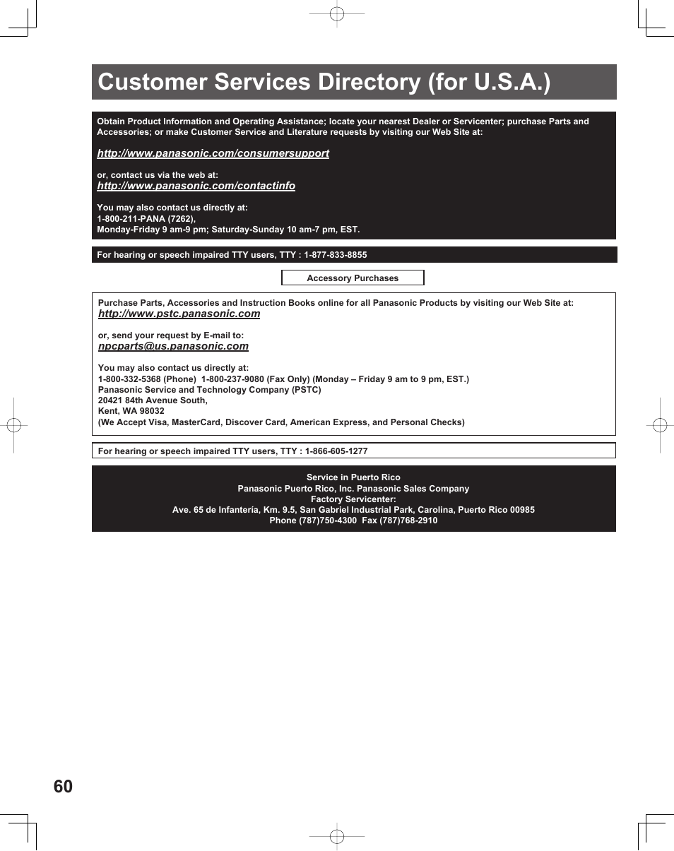 Customer services directory (for u.s.a.) | Panasonic LIFI PT-61LCX70 User Manual | Page 60 / 64