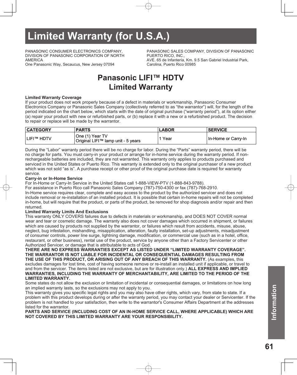 Limited warranty (for u.s.a.), Panasonic lifi™ hdtv limited warranty, Information | Panasonic LIFI PT-61LCX70 User Manual | Page 61 / 64