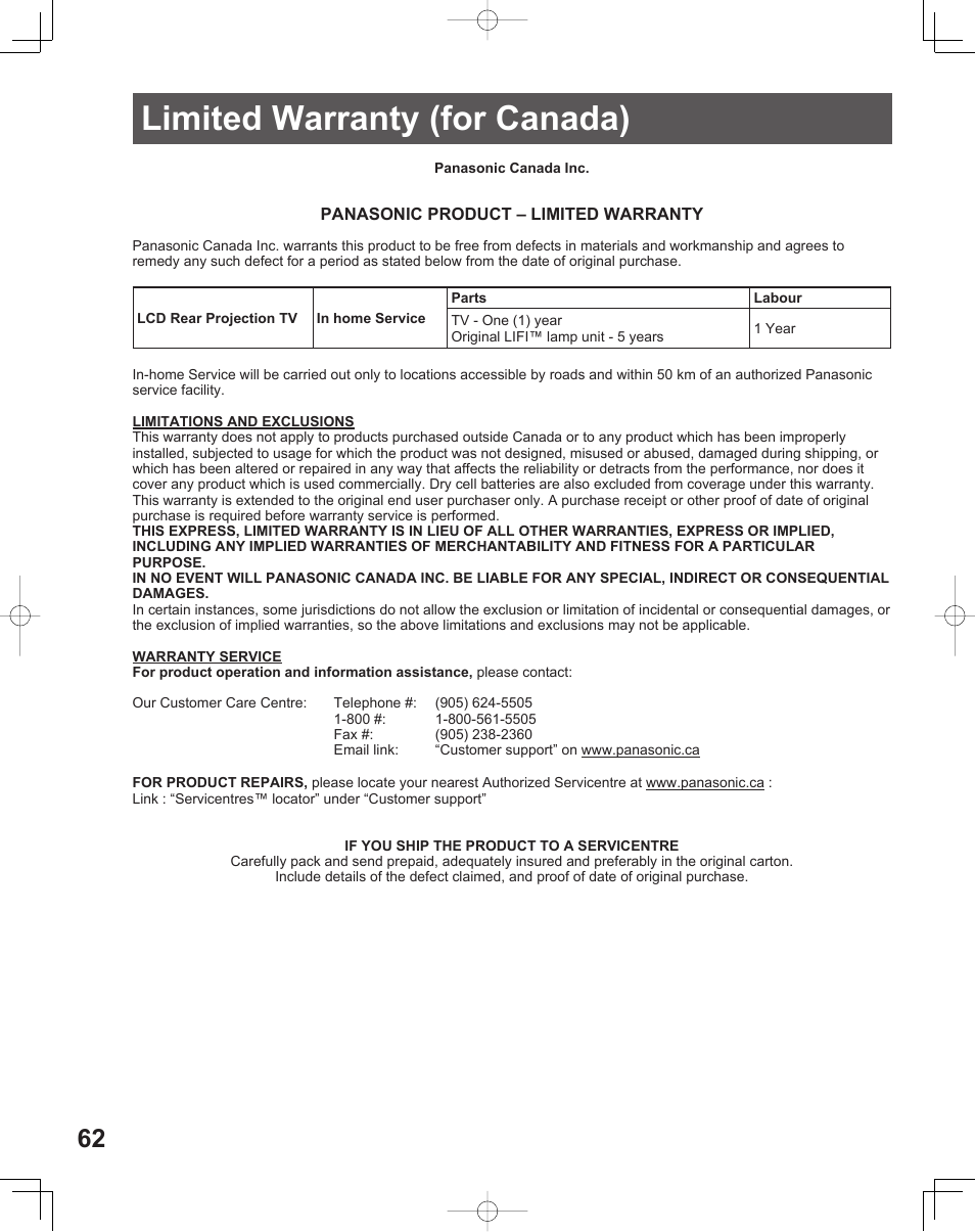 Limited warranty (for canada) | Panasonic LIFI PT-61LCX70 User Manual | Page 62 / 64