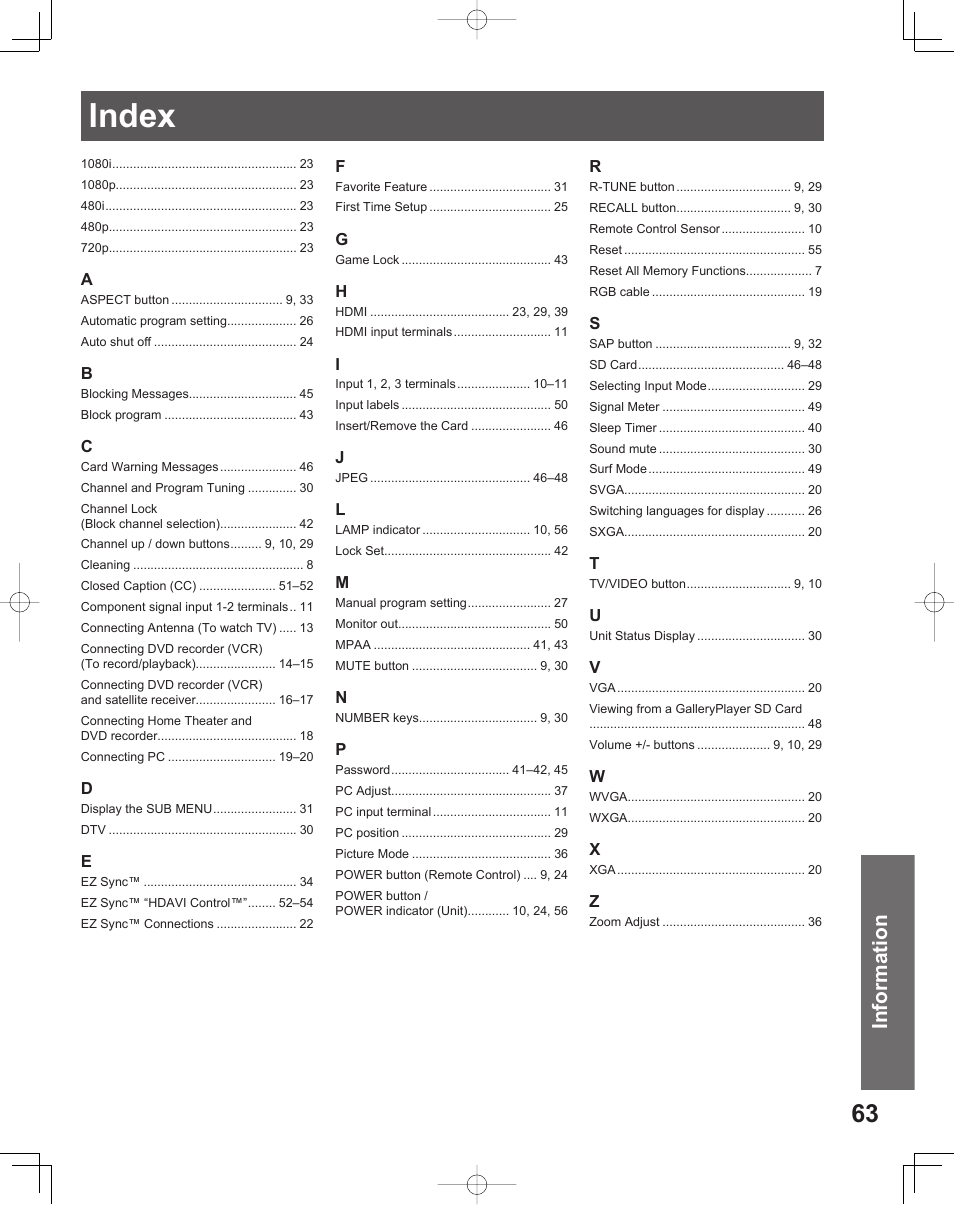 Index, Information | Panasonic LIFI PT-61LCX70 User Manual | Page 63 / 64