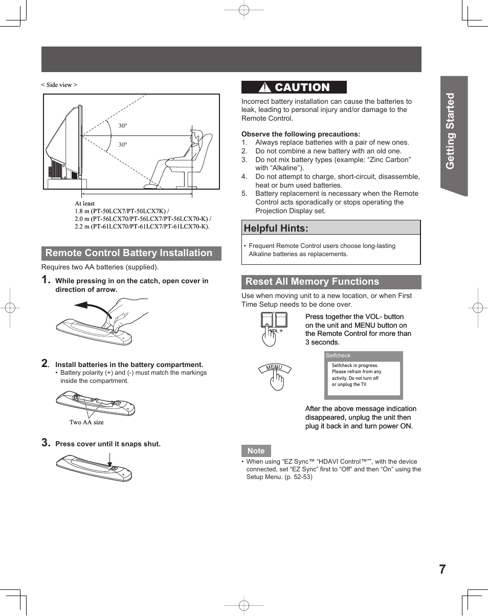 Getting start ed, Caution, Remote control battery installation | Helpful hints | Panasonic LIFI PT-61LCX70 User Manual | Page 7 / 64