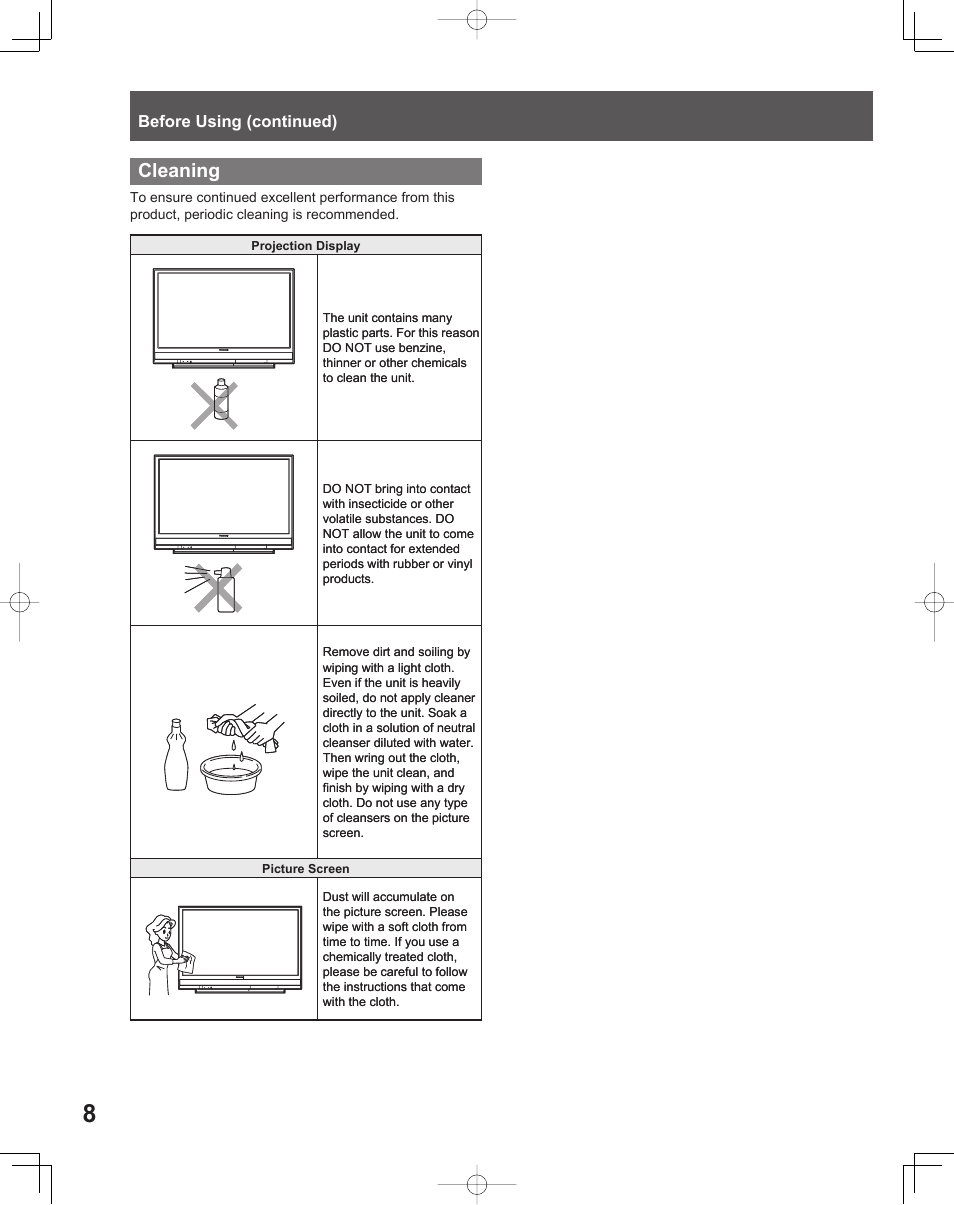 Cleaning | Panasonic LIFI PT-61LCX70 User Manual | Page 8 / 64