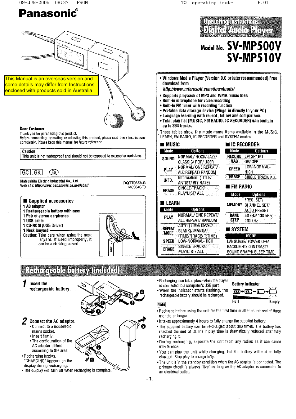 Panasonic SV-MP500 User Manual | 6 pages
