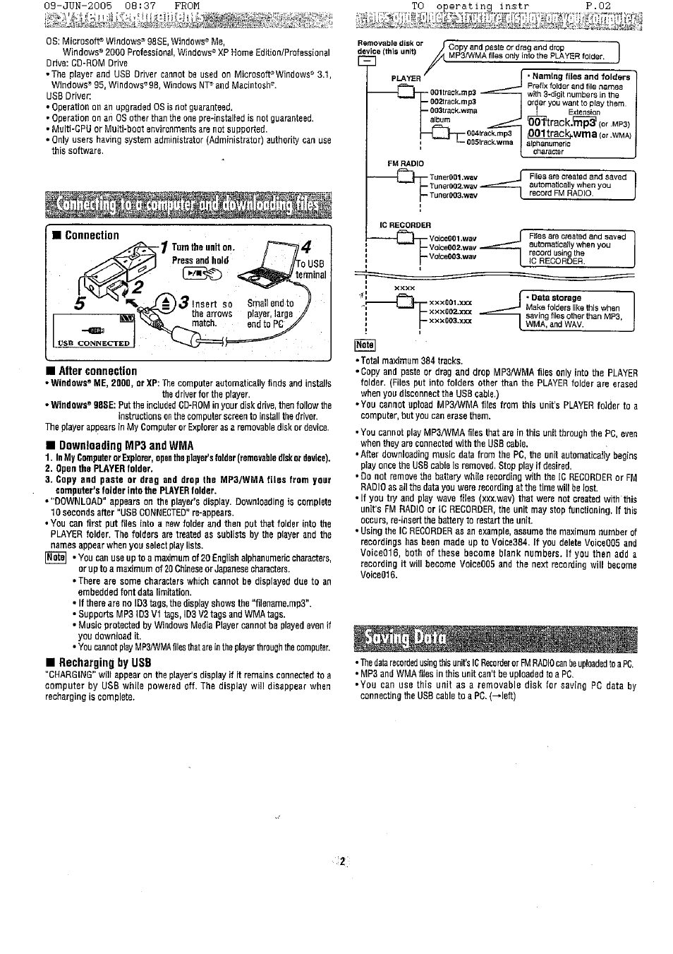 Connection, After connection, Downloading mp3 and wma | Recharging by usb, Not9 | Panasonic SV-MP500 User Manual | Page 2 / 6
