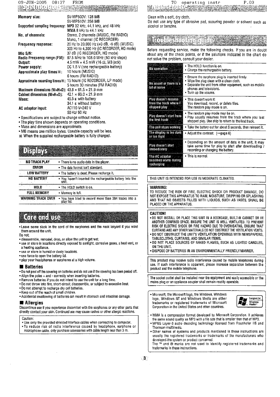 Allergies, Caution | Panasonic SV-MP500 User Manual | Page 3 / 6