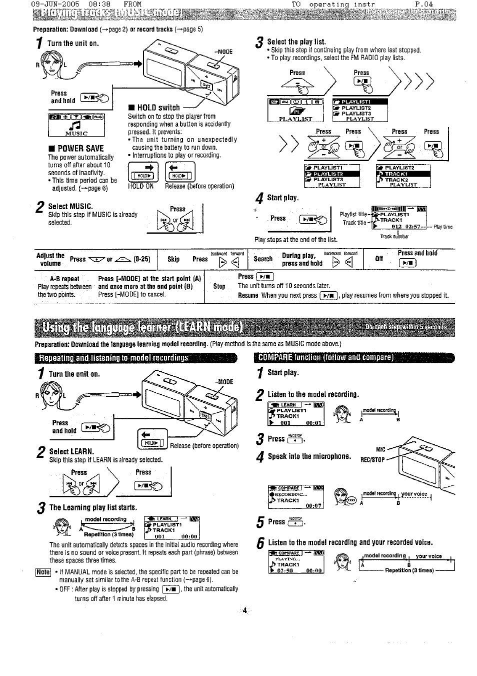 Power save, Hold switch, Select music | Select the play list, Start play, Adlüsllhe p volume, Чйягг-h play, (v, Press and hold, Stop, Press i | Panasonic SV-MP500 User Manual | Page 4 / 6