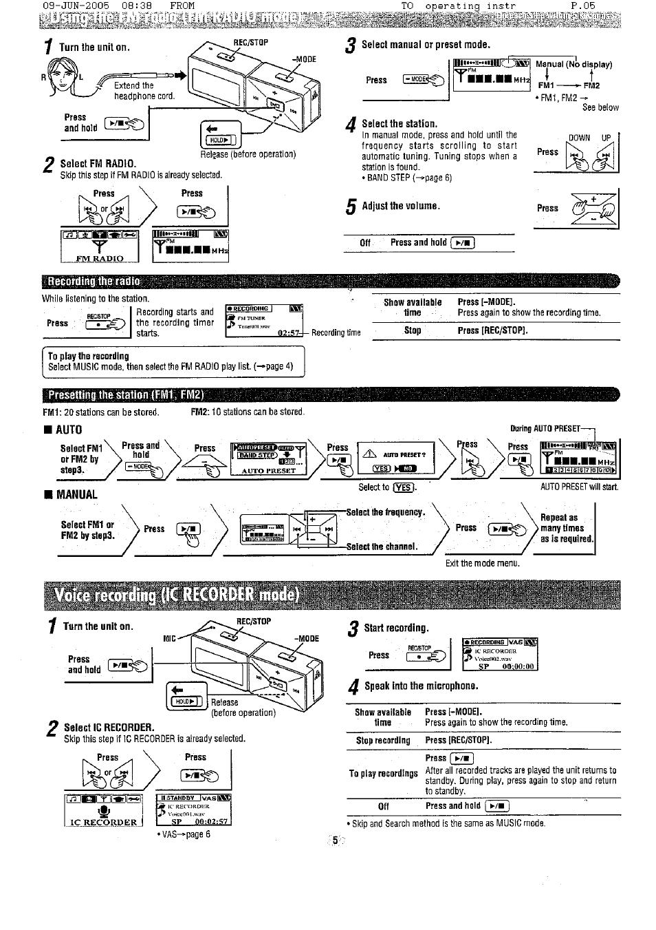 Y turn the unit on, Select manual or preset mode. press e^^c), 2 select fwl radío | Select the station, Adjust the volume, Press, 2 select ic recorder, 2 start recording, Speak into the micrcphone | Panasonic SV-MP500 User Manual | Page 5 / 6