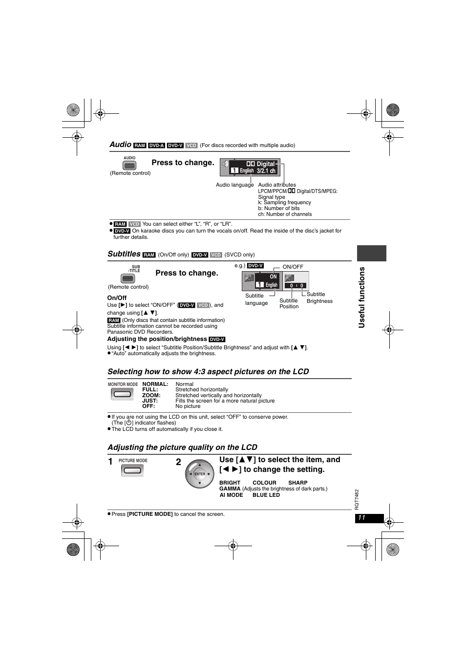 Subtitles, Adjusting the picture quality on the lcd, Audio | Panasonic DVD-LX8  EN User Manual | Page 11 / 33