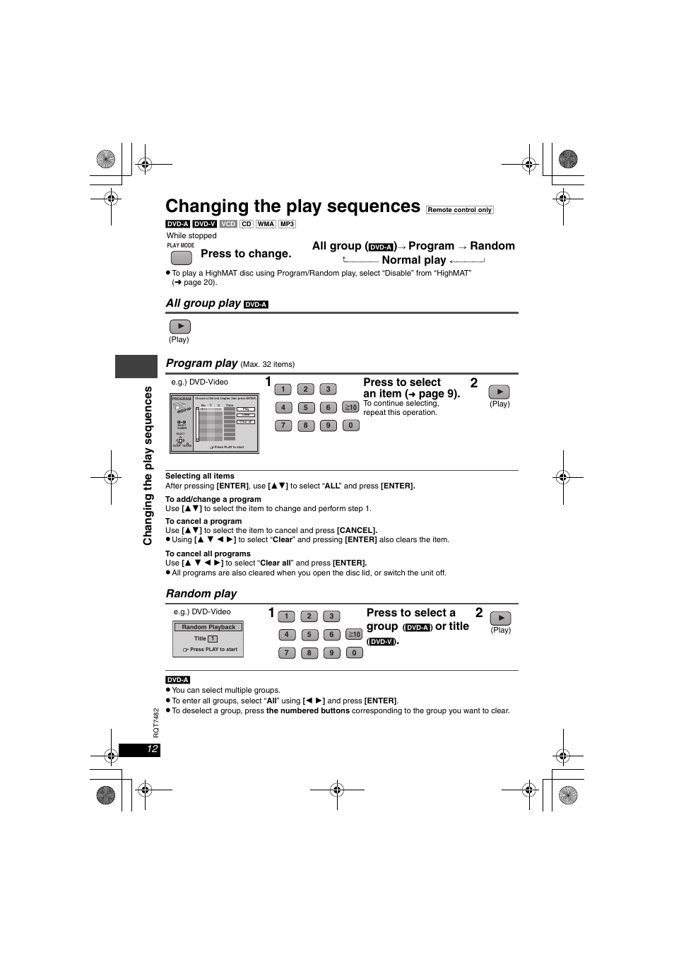 Changing the play sequences, All group play, Program play | Random play, All group, Program, Random, Normal play, Press to change, Press to select an item | Panasonic DVD-LX8  EN User Manual | Page 12 / 33