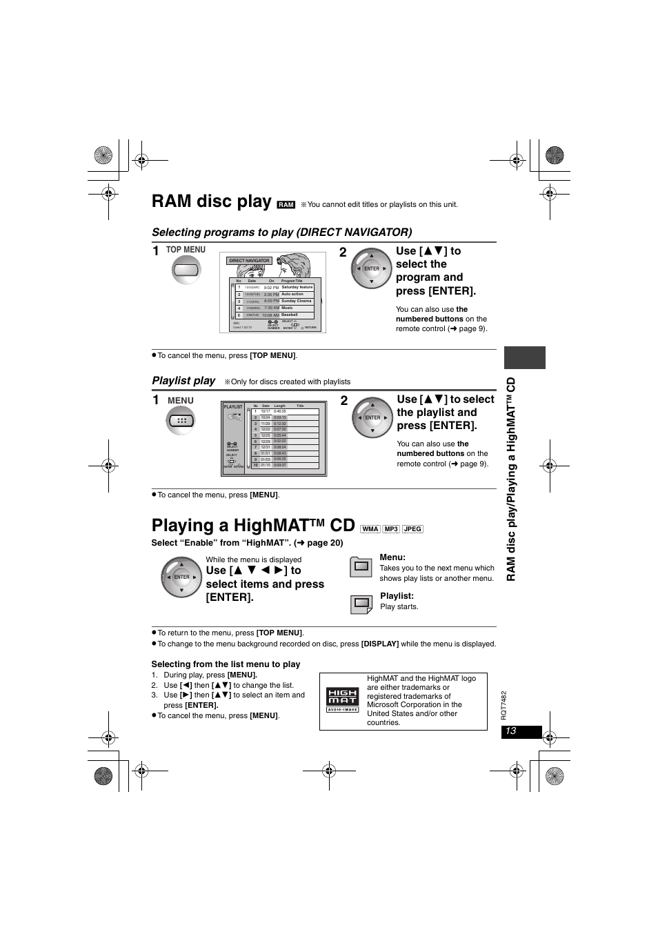 Ram disc play, Playing a highmat cd, Playing a highmat | Selecting programs to play (direct navigator), Playlist play, Use [ 34 ] to select the program and press [enter, Use [ 34 ] to select the playlist and press [enter, Use [ 3 4 2 1 ] to select items and press [enter, Ram dis c pla y /pla y ing a highm a t | Panasonic DVD-LX8  EN User Manual | Page 13 / 33