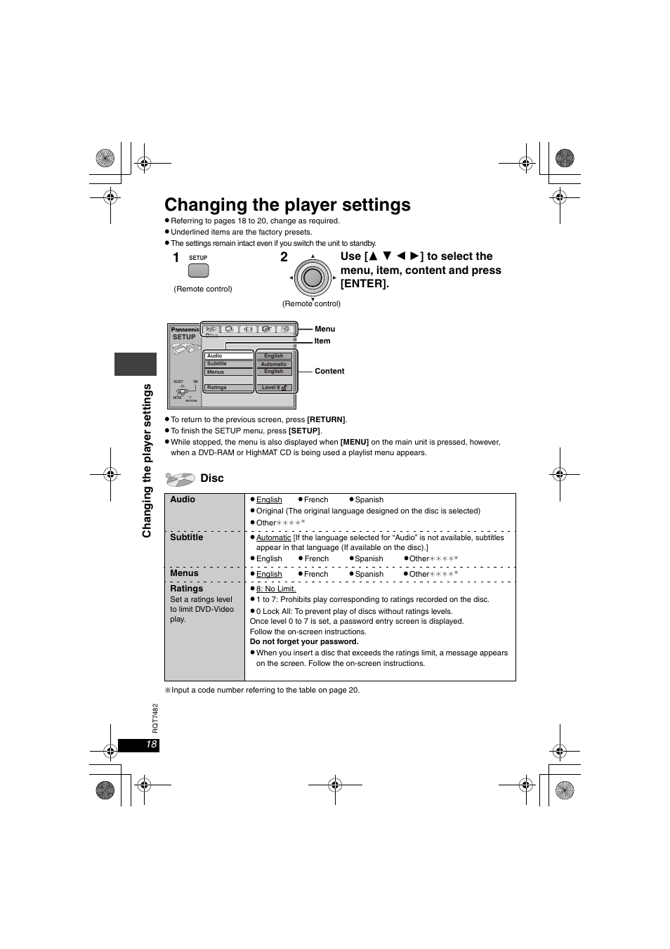 Changing the player settings, Disc | Panasonic DVD-LX8  EN User Manual | Page 18 / 33