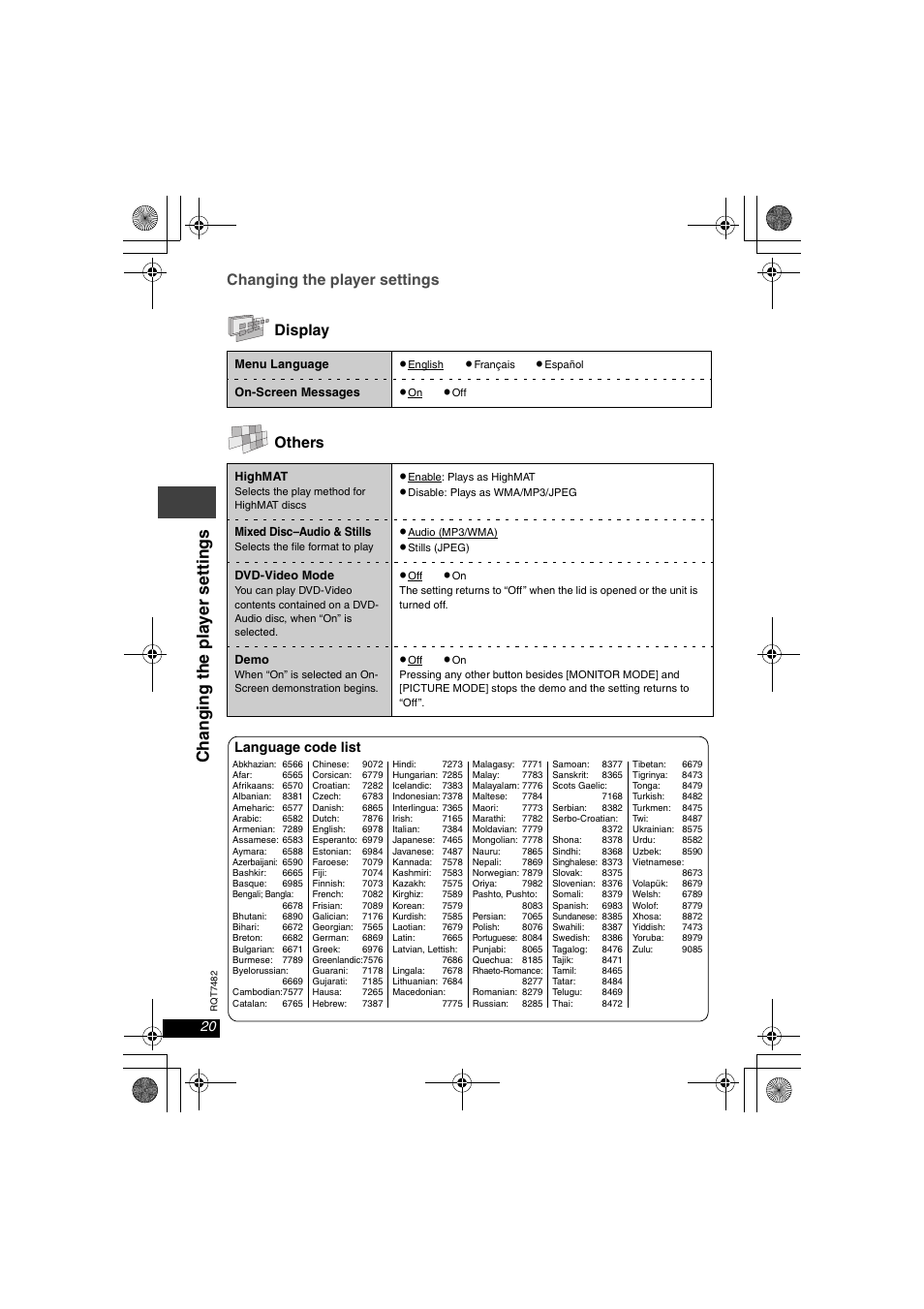 Changi ng t he pla y er set ti ngs, Changing the player settings display others, Language code list | Panasonic DVD-LX8  EN User Manual | Page 20 / 33