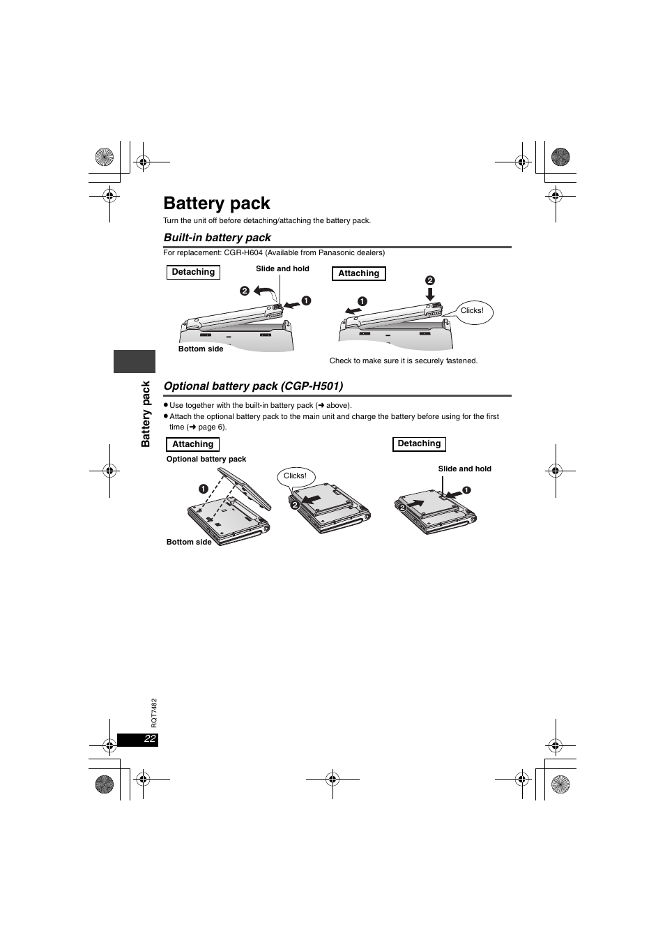 Battery pack, Built-in battery pack, Optional battery pack (cgp-h501) | Panasonic DVD-LX8  EN User Manual | Page 22 / 33