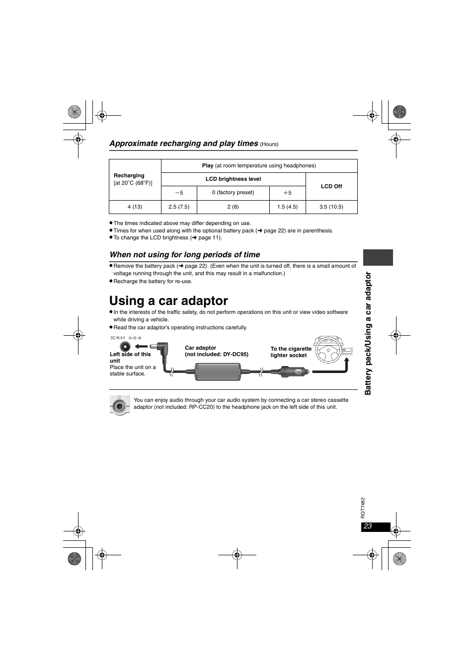 Using a car adaptor, Approximate recharging and play times, When not using for long periods of time | Panasonic DVD-LX8  EN User Manual | Page 23 / 33