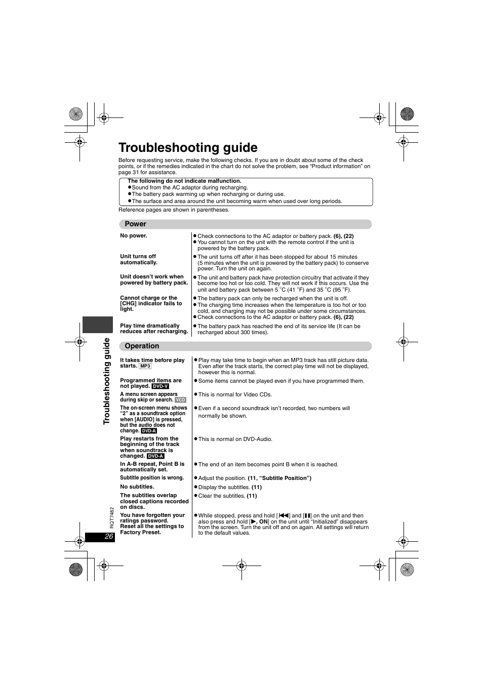 Troubleshooting guide | Panasonic DVD-LX8  EN User Manual | Page 26 / 33