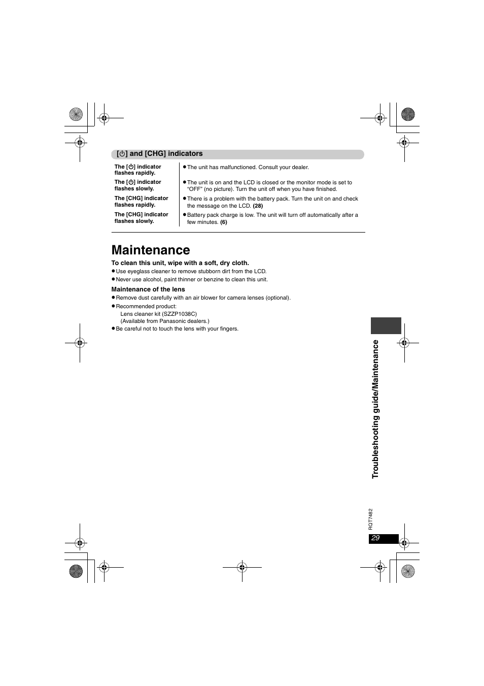 Maintenance | Panasonic DVD-LX8  EN User Manual | Page 29 / 33