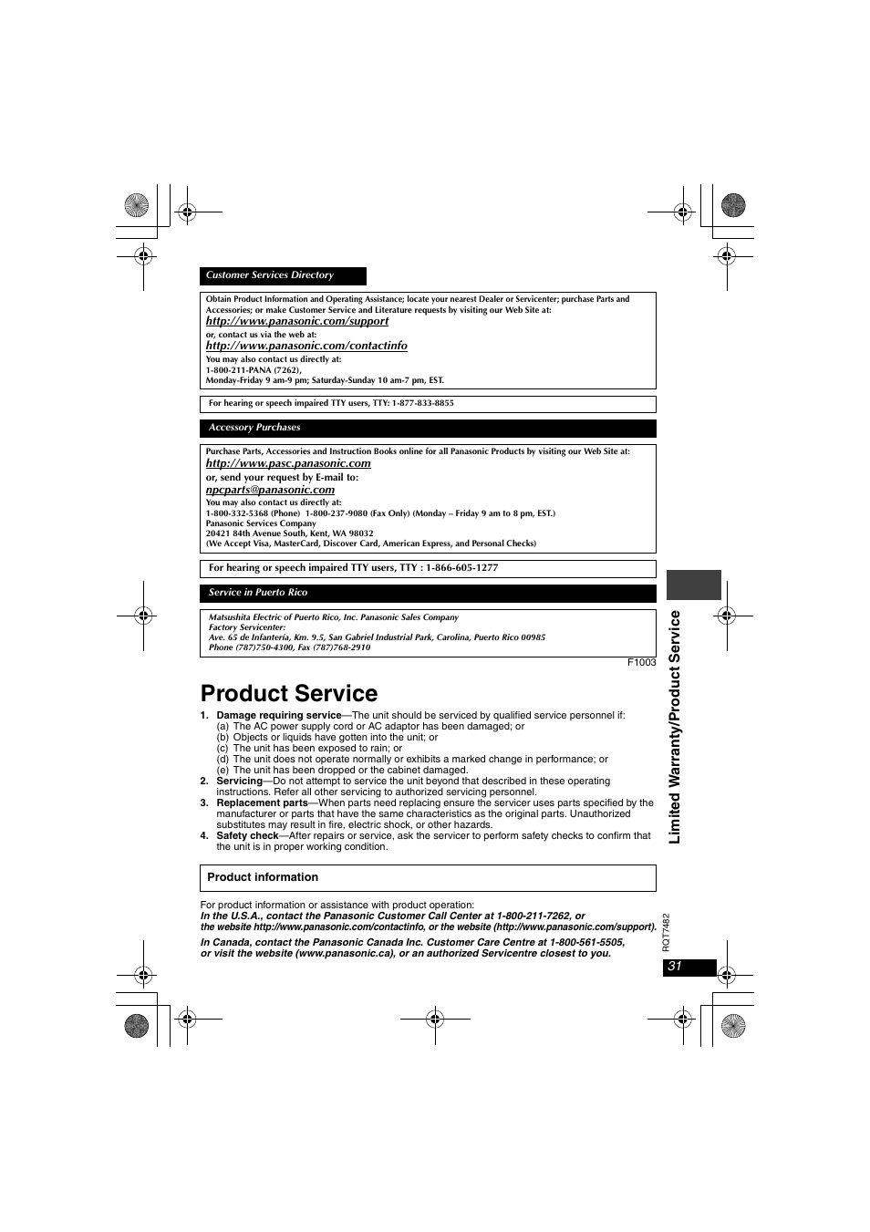 Product service | Panasonic DVD-LX8  EN User Manual | Page 31 / 33