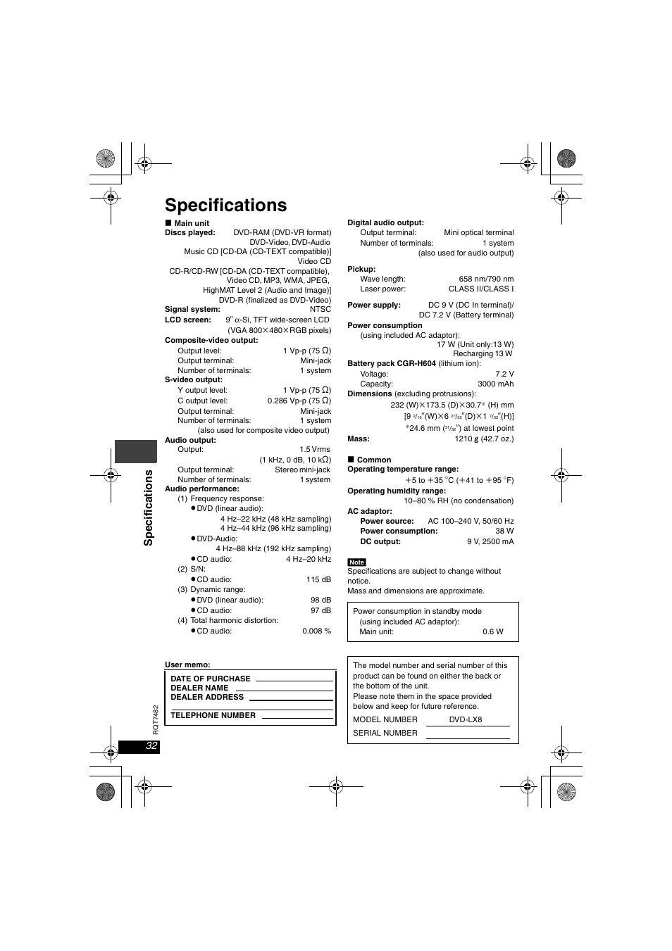 Specifications, Spe c ifi c a ti ons | Panasonic DVD-LX8  EN User Manual | Page 32 / 33