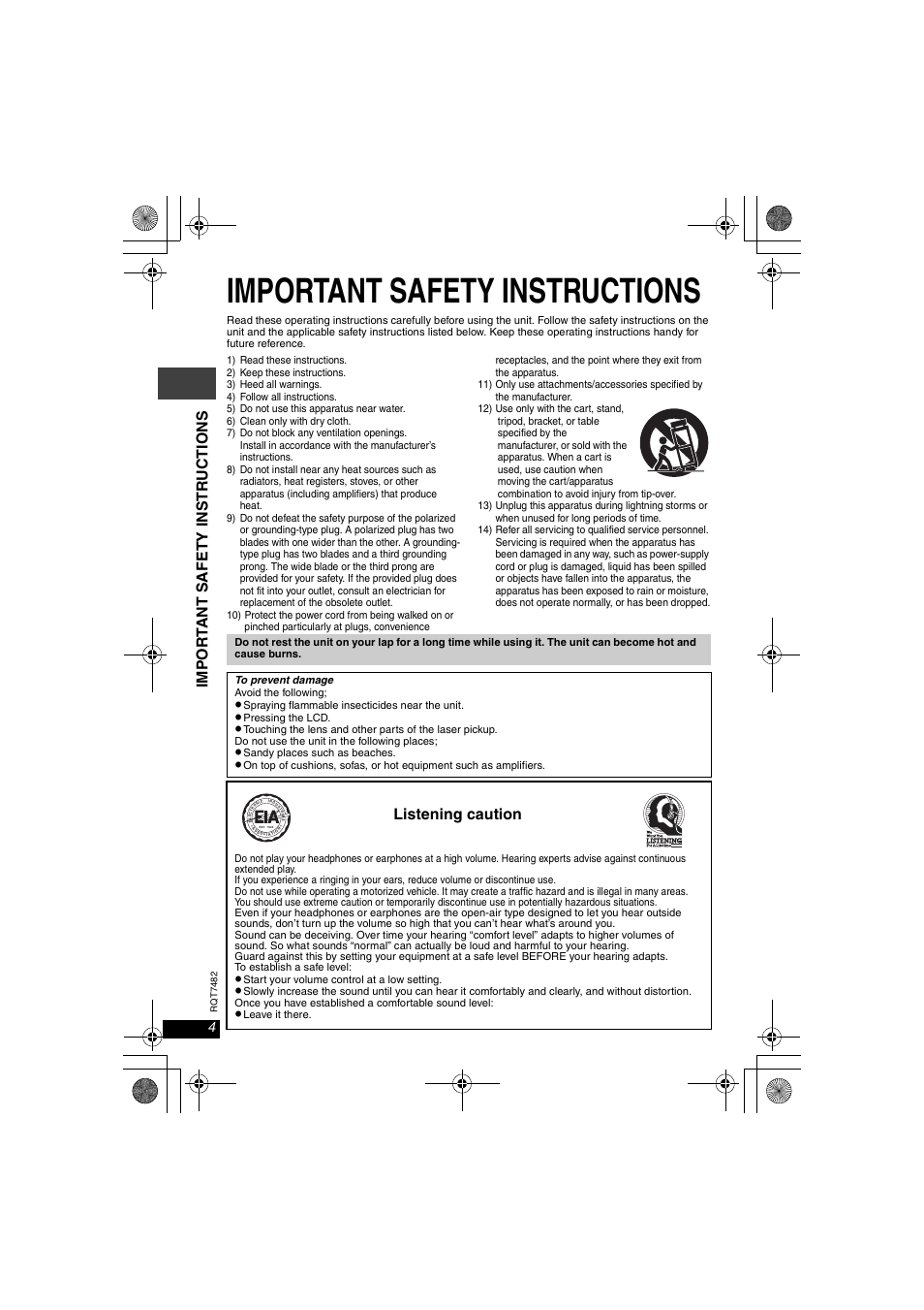 Important safety instructions | Panasonic DVD-LX8  EN User Manual | Page 4 / 33