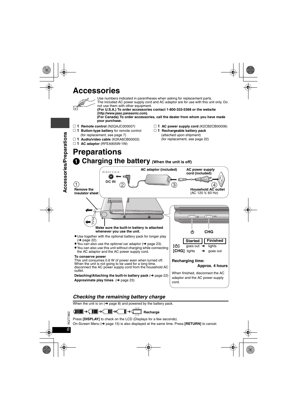 Accessories, Preparations, 1 charging the battery | Checking the remaining battery charge | Panasonic DVD-LX8  EN User Manual | Page 6 / 33