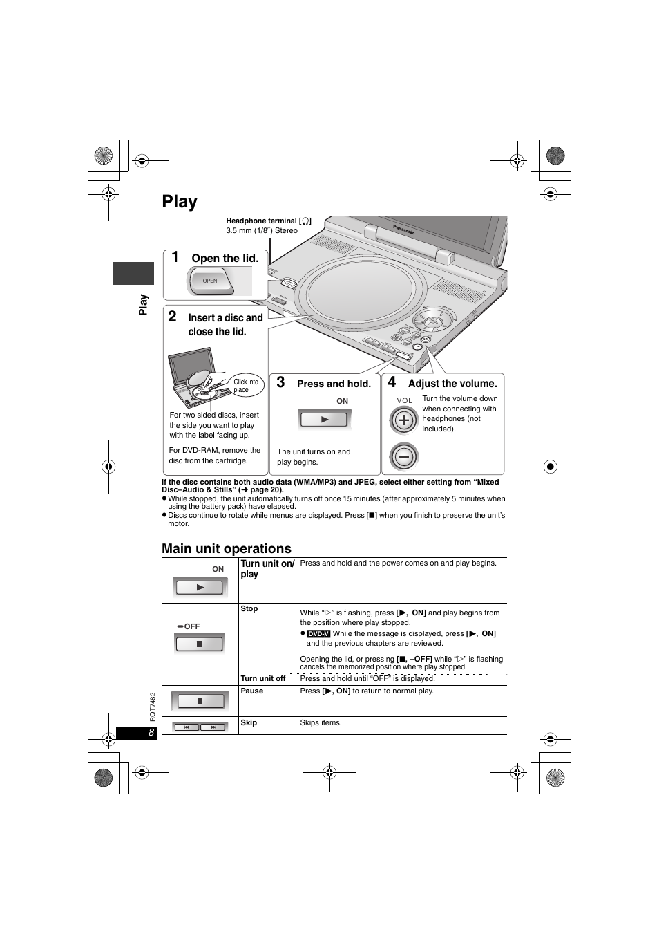 Play, Main unit operations, Open the lid | Insert a disc and close the lid, Adjust the volume, Pl a y | Panasonic DVD-LX8  EN User Manual | Page 8 / 33