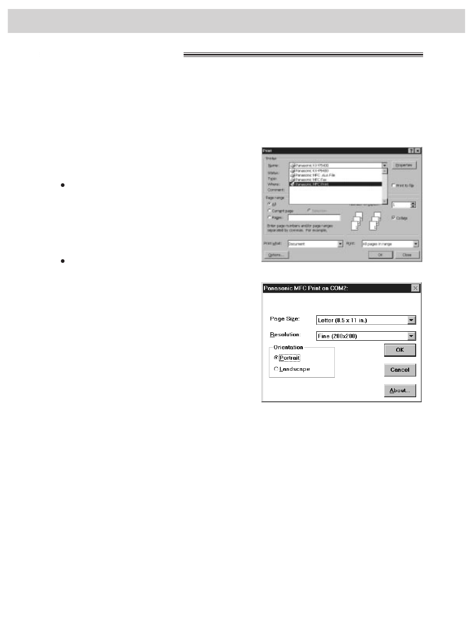 Printer using as a printer, Printing documents from windows 95 | Panasonic KX-FM255 User Manual | Page 84 / 144