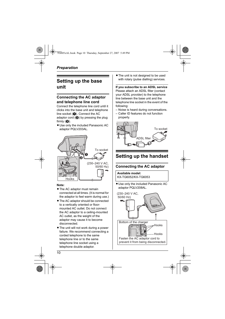 Preparation, Setting up the base unit setting up the handset, Setting up the base unit | Setting up the handset | Panasonic KX-TG6051AL User Manual | Page 10 / 52