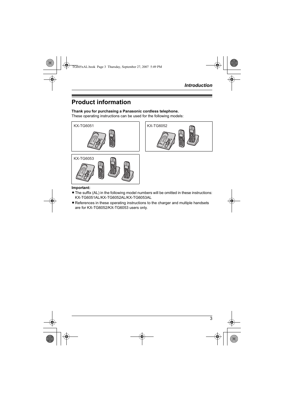 Introduction, Product information | Panasonic KX-TG6051AL User Manual | Page 3 / 52
