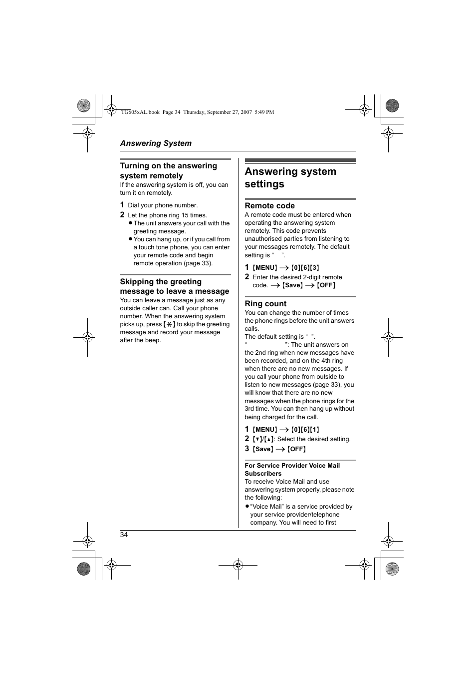 Answering system settings, 34), t | Panasonic KX-TG6051AL User Manual | Page 34 / 52