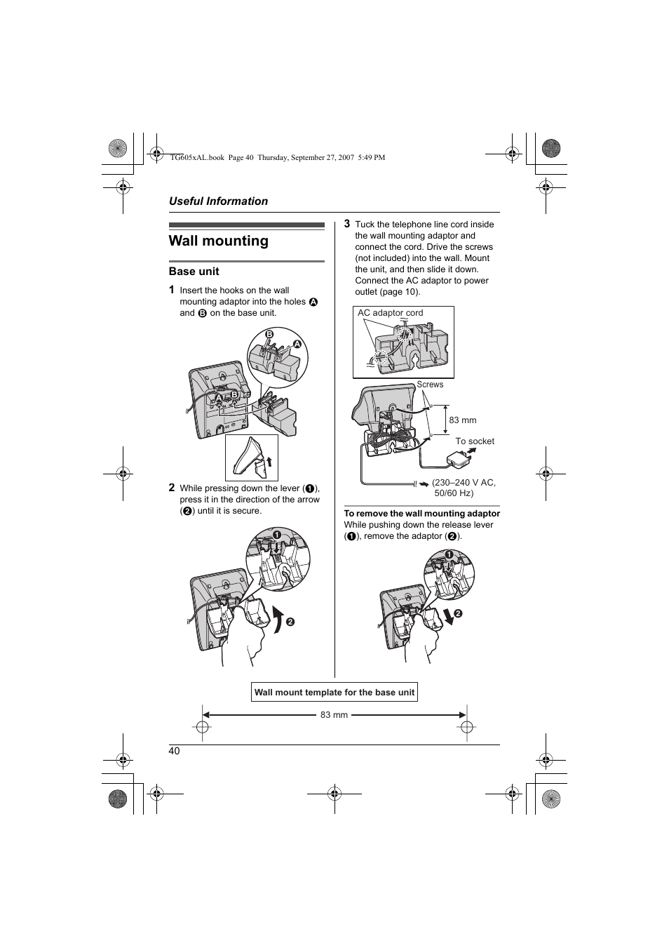 Useful information, Wall mounting | Panasonic KX-TG6051AL User Manual | Page 40 / 52