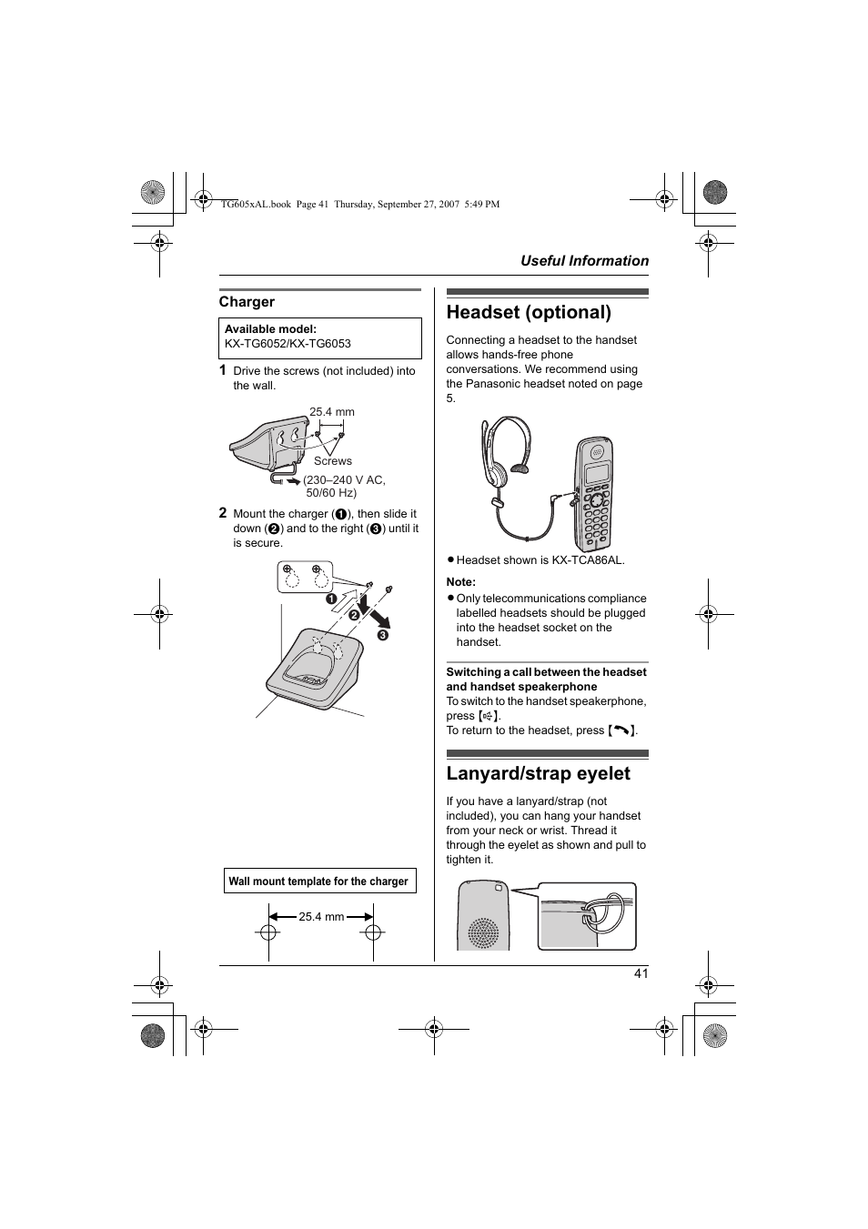 Headset (optional) lanyard/strap eyelet, Headset (optional), Lanyard/strap eyelet | Panasonic KX-TG6051AL User Manual | Page 41 / 52