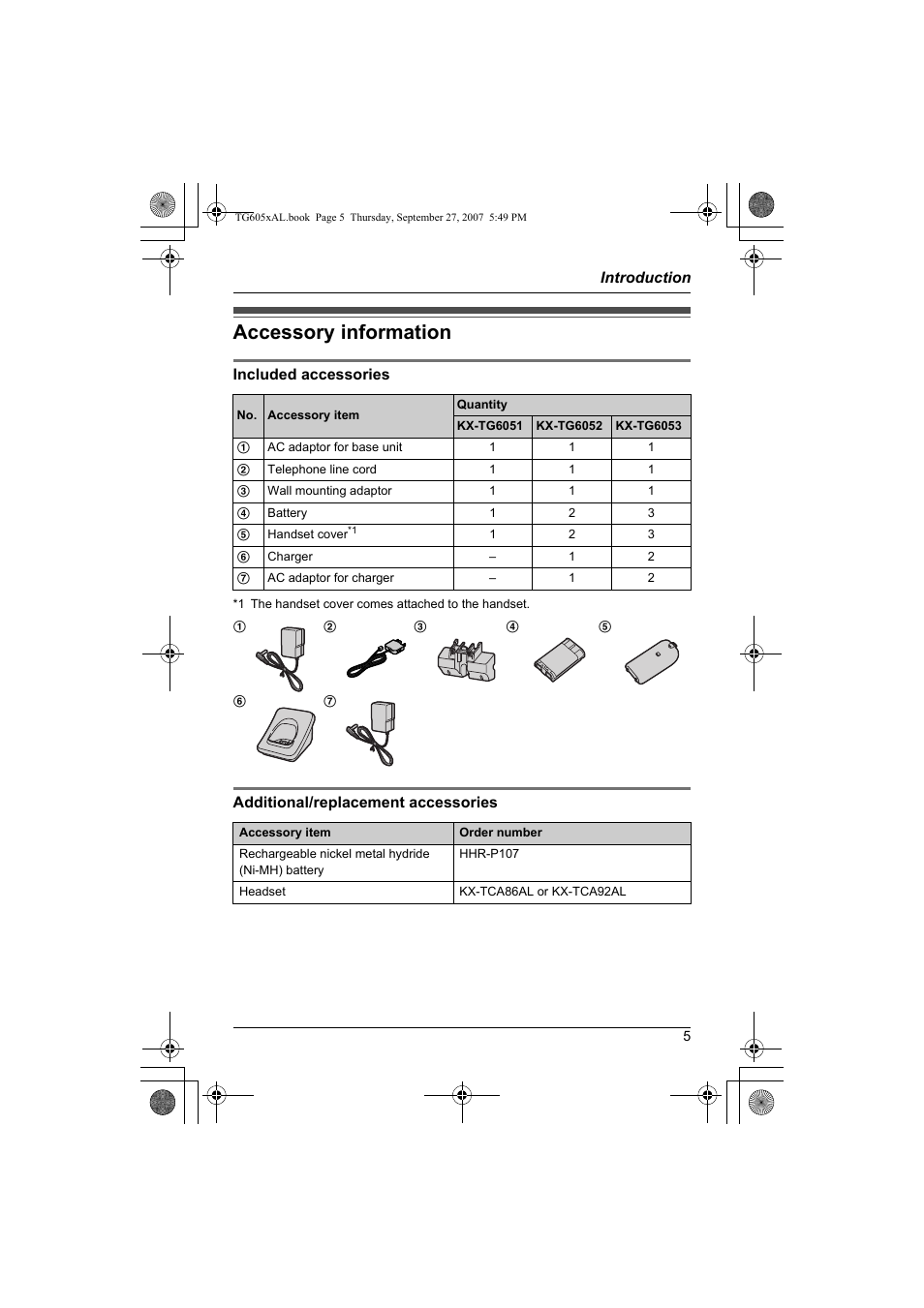 Accessory information | Panasonic KX-TG6051AL User Manual | Page 5 / 52