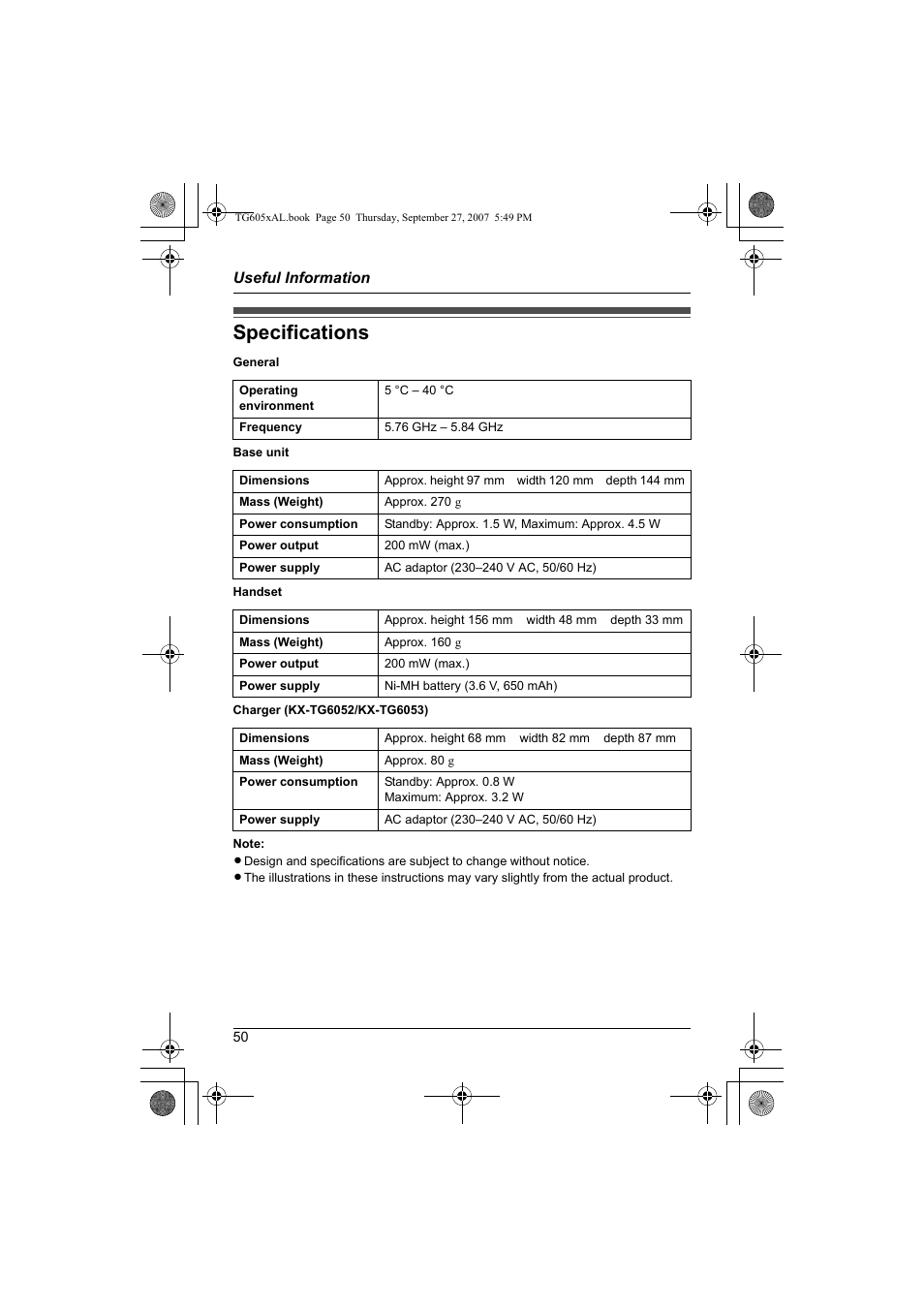 Specifications | Panasonic KX-TG6051AL User Manual | Page 50 / 52