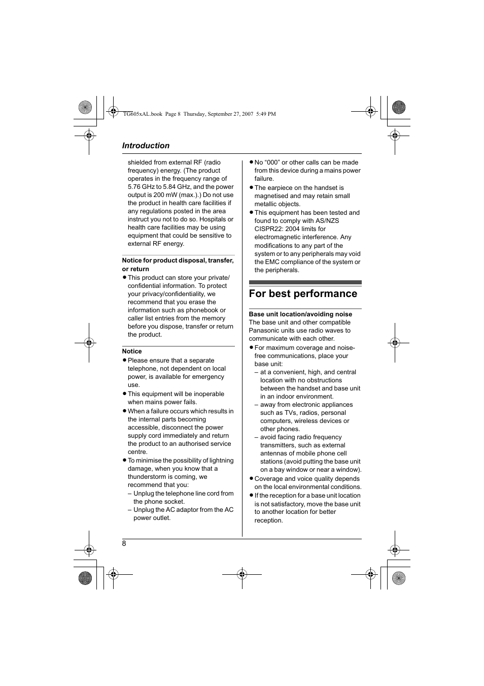 For best performance | Panasonic KX-TG6051AL User Manual | Page 8 / 52