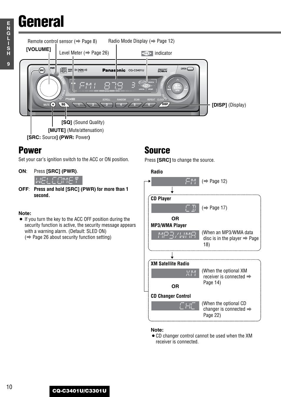 General, Power, Source | Panasonic C3301U User Manual | Page 10 / 36