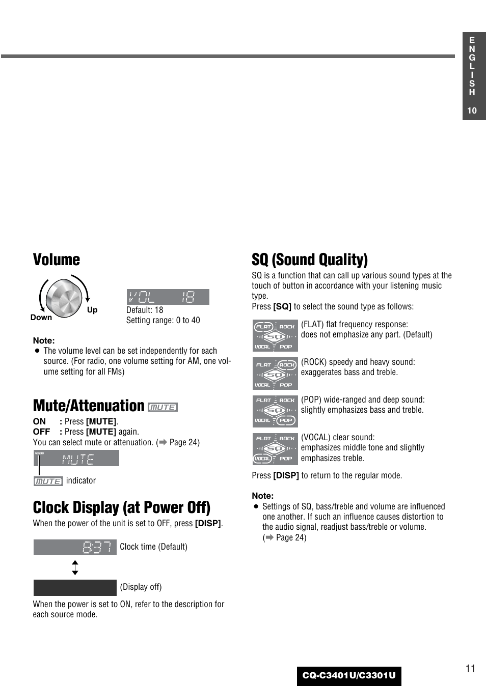Volume, Mute/attenuation, Clock display (at power off) | Sq (sound quality) | Panasonic C3301U User Manual | Page 11 / 36