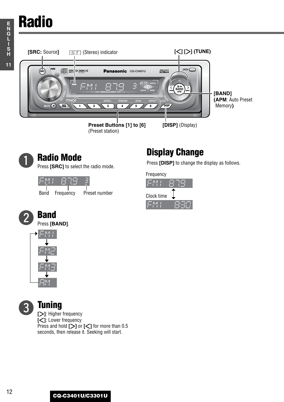 Each source, Radio, Radio mode | Band, Tuning, Display change | Panasonic C3301U User Manual | Page 12 / 36