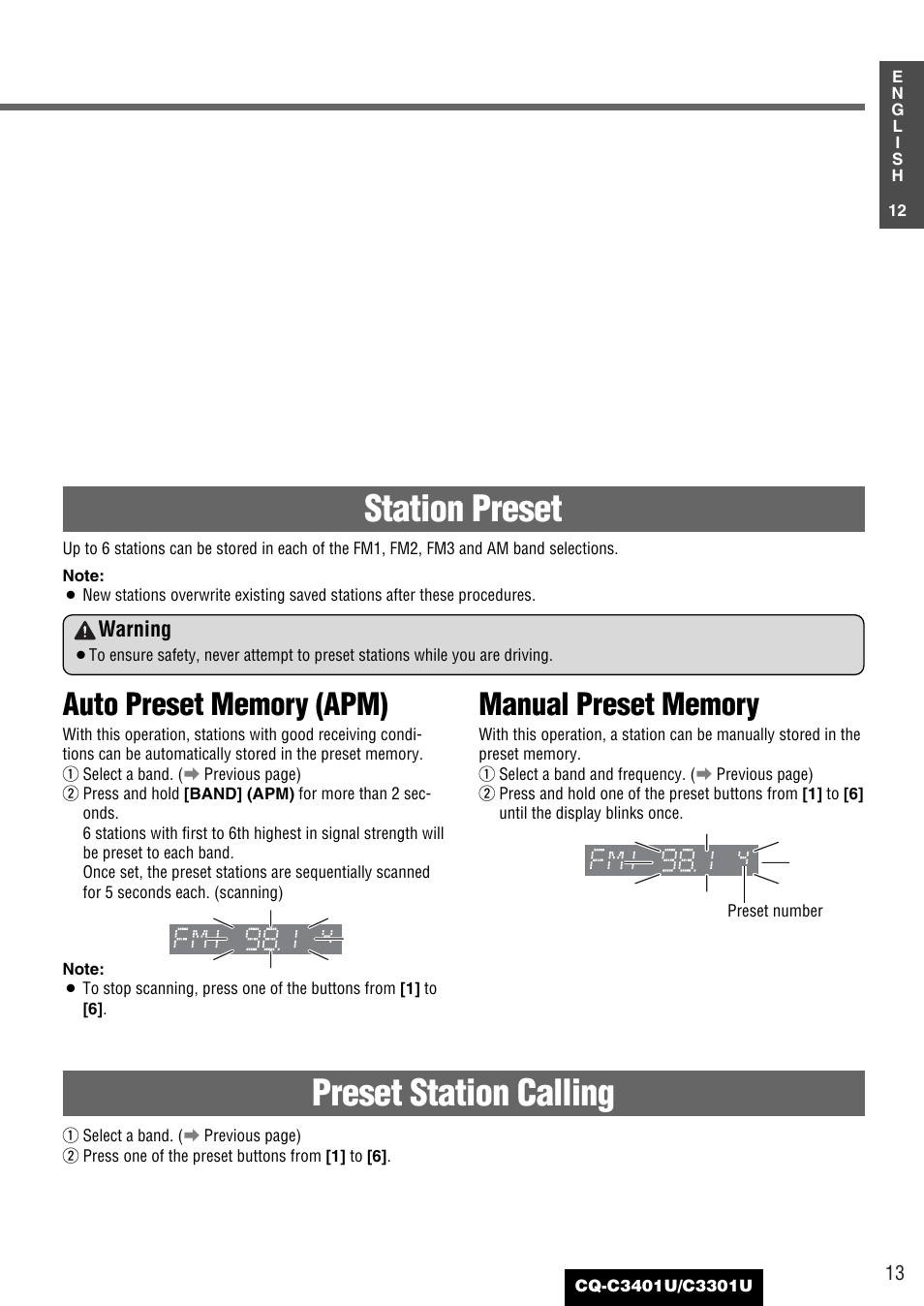 Station preset, Preset station calling | Panasonic C3301U User Manual | Page 13 / 36