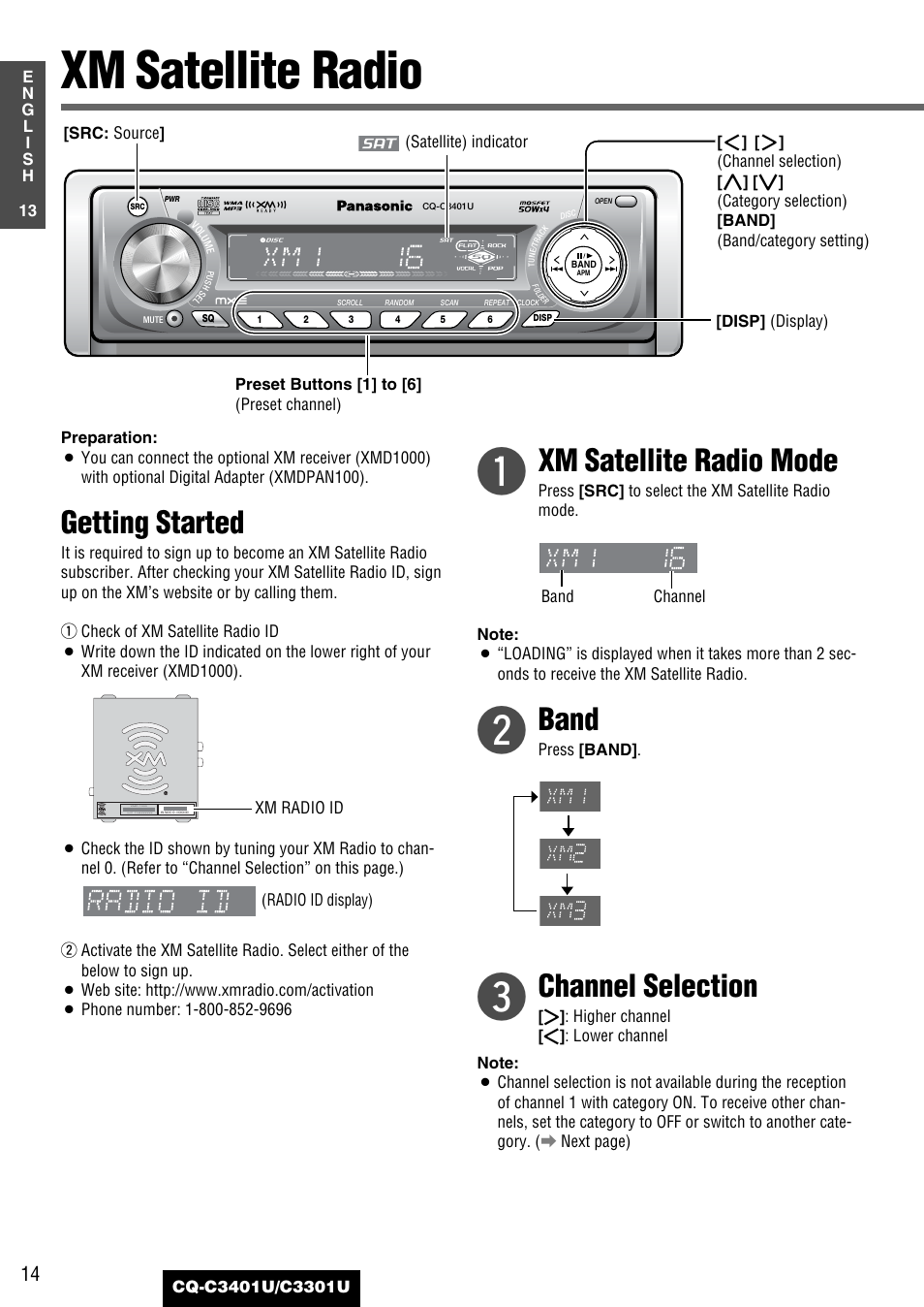 Xm satellite radio, Getting started, Xm satellite radio mode | Band, Channel selection | Panasonic C3301U User Manual | Page 14 / 36